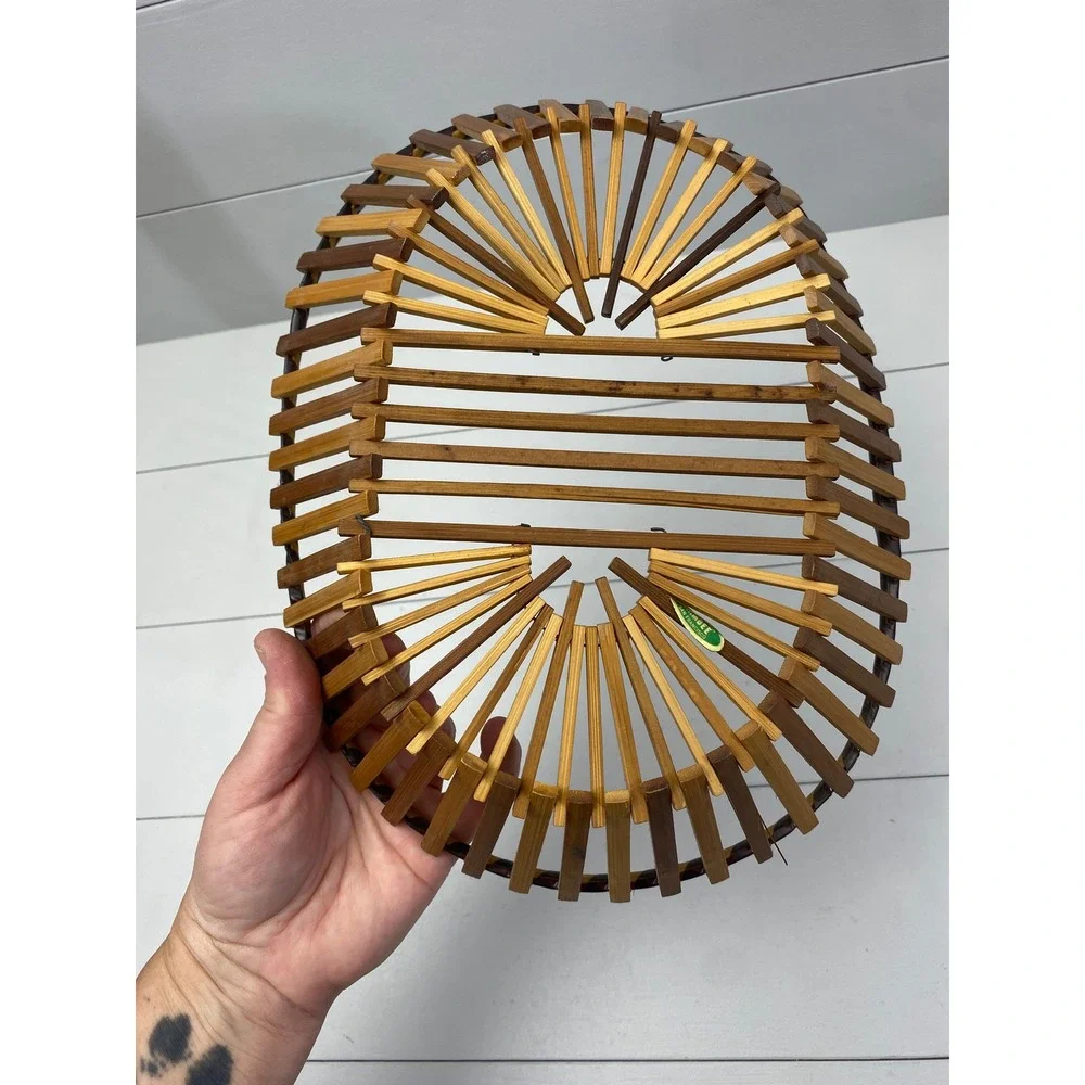 Ambee Basket Bamboo Slat Sunburst‎ Basket Vintage Boho MCM Decor
